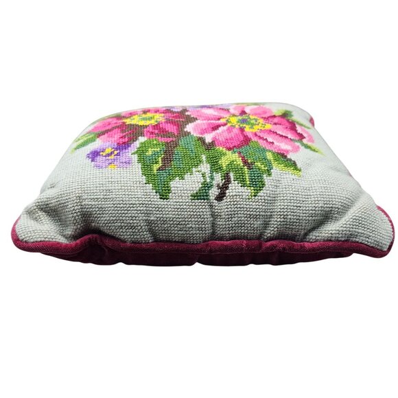 Vintage Floral Needlepoint Throw Pillow With Velvet Backing 11"x11" - Picture 8 of 16